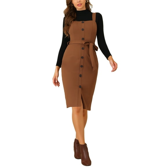 INSPIRE CHIC Women's Button Decor Bow Tie Waist Suspender Overall Jumper Dress XS Dark Brown