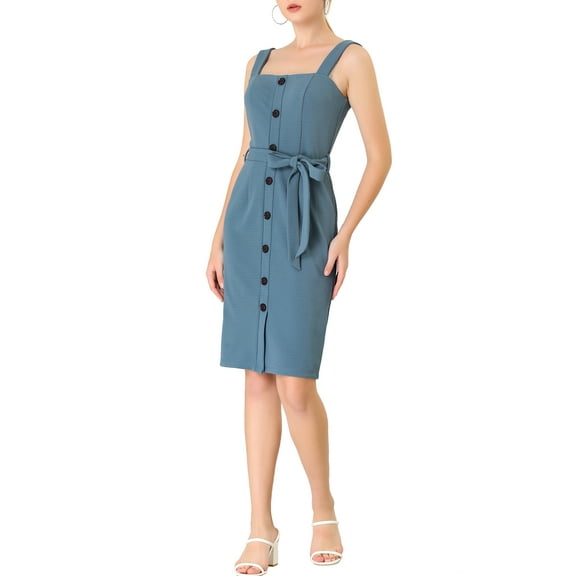 INSPIRE CHIC Women's Button Decor Bow Tie Waist Suspender Overall Jumper Dress XS Dusty Blue