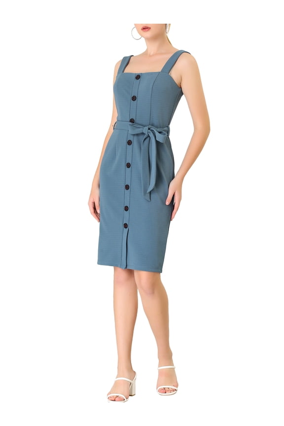 Women's Button Decor Bow Tie Waist Suspender Overall Jumper Dress XS Dusty Blue