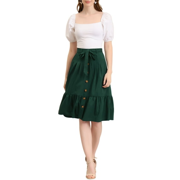 Allegra K Women's Button Decor Casual High Waist Belted Ruffled Skirt