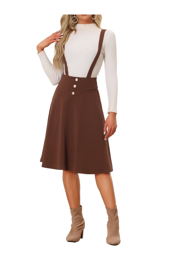 Women's Button Decor Solid Color Overall Dress Flared Midi Suspender Skirt Brown L