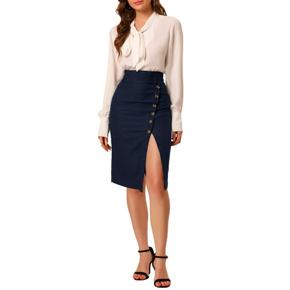 INSPIRE CHIC Women's Button Decor Split Belted Tie Waist Pencil Skirt L Navy Blue
