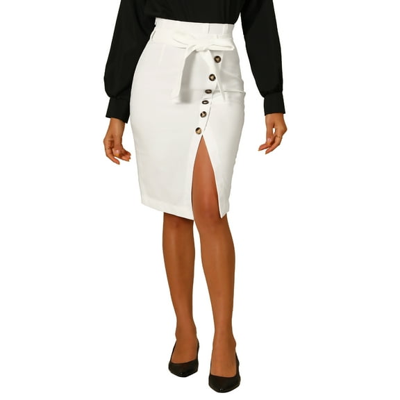 INSPIRE CHIC Women's Button Decor Split Belted Tie Waist Pencil Skirt M White