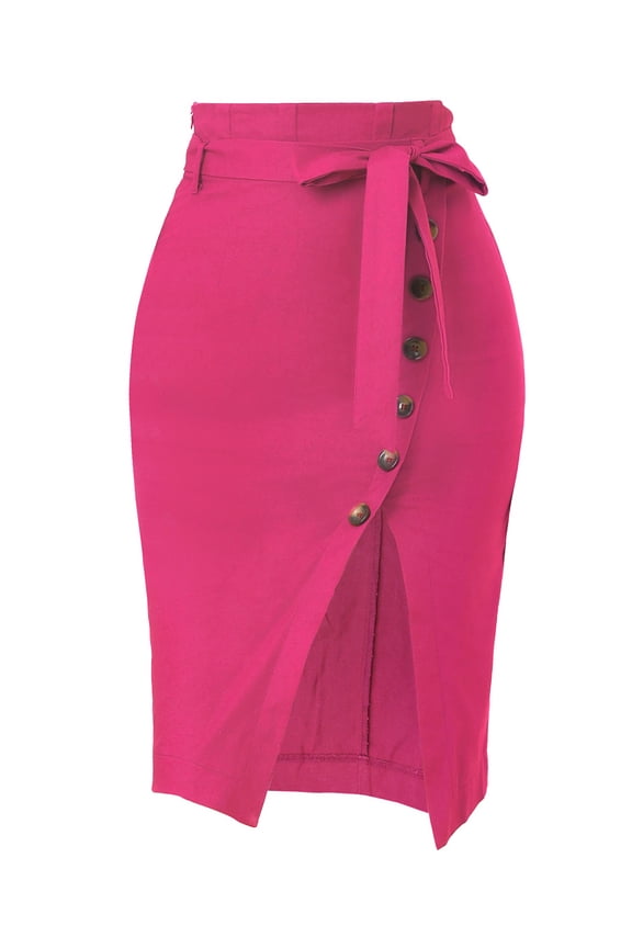 Women's Button Decor Split Belted Tie Waist Pencil Skirt S Hot Pink