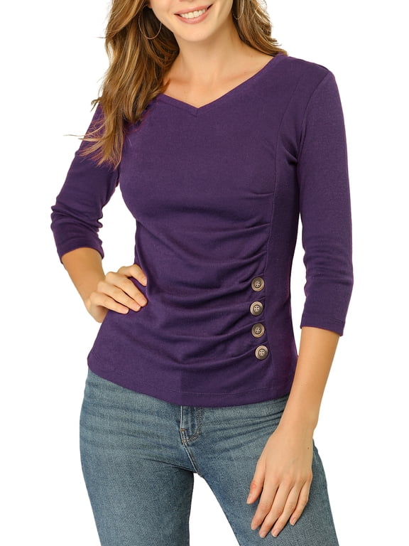 Women's Ruched Blouse Button Decor V Neck 3/4 Sleeve Solid Knit Top Purple L