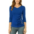 thumbnail image 1 of INSPIRE CHIC Women's Ruched Blouse Button Decor V Neck 3/4 Sleeve Solid Knit Top L Royal Blue, 1 of 7