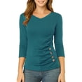 thumbnail image 1 of INSPIRE CHIC Women's Ruched Blouse Button Decor V Neck 3/4 Sleeve Solid Knit Top M Blue Green, 1 of 7