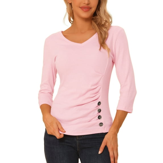 INSPIRE CHIC Women's Ruched Blouse Button Decor V Neck 3/4 Sleeve Solid Knit Top M Light Pink