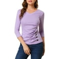thumbnail image 1 of INSPIRE CHIC Women's Ruched Blouse Button Decor V Neck 3/4 Sleeve Solid Knit Top M Light Purple, 1 of 6