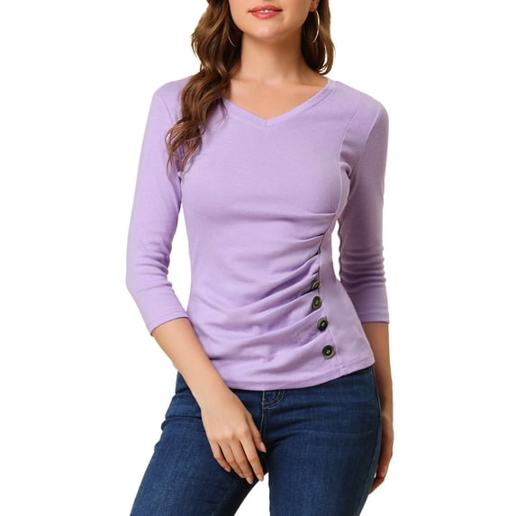 INSPIRE CHIC Women's Ruched Blouse Button Decor V Neck 3/4 Sleeve Solid Knit Top M Light Purple
