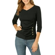INSPIRE CHIC Women's Ruched Blouse Button Decor V Neck 3/4 Sleeve Solid Knit Top S Black