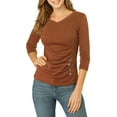 thumbnail image 1 of INSPIRE CHIC Women's Ruched Blouse Button Decor V Neck 3/4 Sleeve Solid Knit Top S Brown, 1 of 7
