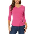 thumbnail image 1 of INSPIRE CHIC Women's Ruched Blouse Button Decor V Neck 3/4 Sleeve Solid Knit Top S Hot Pink, 1 of 6