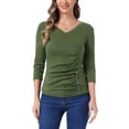 thumbnail image 1 of INSPIRE CHIC Women's Ruched Blouse Button Decor V Neck 3/4 Sleeve Solid Knit Top S Olive Green, 1 of 5