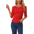 thumbnail image 1 of INSPIRE CHIC Women's Ruched Blouse Button Decor V Neck 3/4 Sleeve Solid Knit Top S Red, 1 of 6