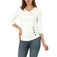 thumbnail image 1 of INSPIRE CHIC Women's Ruched Blouse Button Decor V Neck 3/4 Sleeve Solid Knit Top S White, 1 of 7
