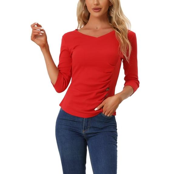 INSPIRE CHIC Women's Ruched Blouse Button Decor V Neck 3/4 Sleeve Solid Knit Top XL Red
