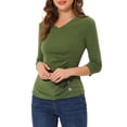 thumbnail image 1 of Allegra K Women's Button Decor V Neck 3/4 Sleeve Solid Knitted Ruched Blouse, 1 of 5