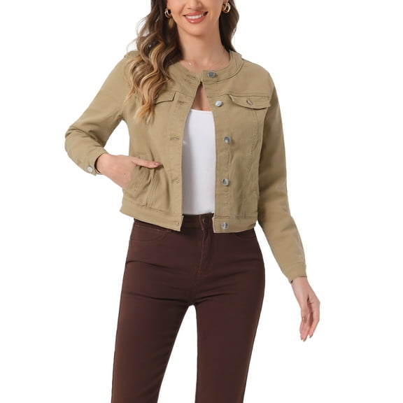 INSPIRE CHIC Women's Button Down Collarless Long Sleeve Cropped Denim Jacket L Khaki
