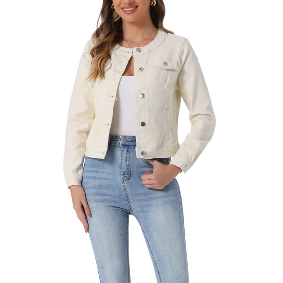 INSPIRE CHIC Women's Button Down Collarless Long Sleeve Cropped Denim Jacket M Beige