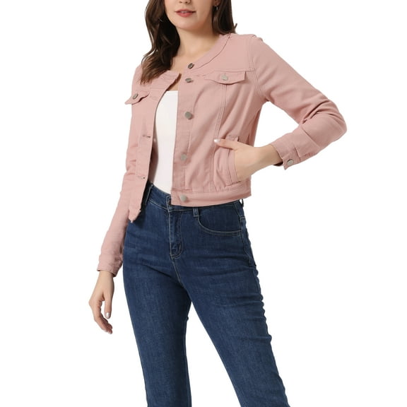 INSPIRE CHIC Women's Button Down Collarless Long Sleeve Cropped Denim Jacket M Dusty Pink