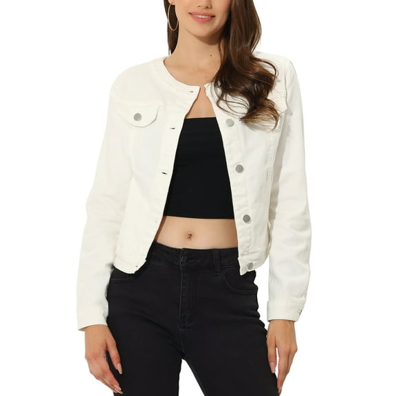INSPIRE CHIC Women's Button Down Collarless Long Sleeve Cropped Denim Jacket S White