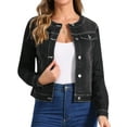 thumbnail image 1 of INSPIRE CHIC Women's Button Down Collarless Long Sleeve Cropped Denim Jacket XL Black, 1 of 8