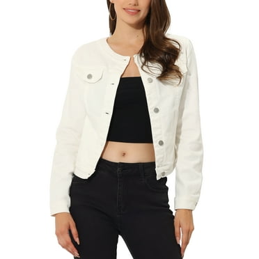 INSPIRE CHIC Women's Button Down Collarless Long Sleeve Cropped Denim Jacket XL White