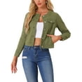thumbnail image 1 of INSPIRE CHIC Women's Button Down Collarless Long Sleeve Cropped Denim Jacket XS Army Green, 1 of 6