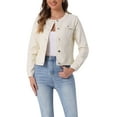 thumbnail image 1 of INSPIRE CHIC Women's Button Down Collarless Long Sleeve Cropped Denim Jacket XS Beige, 1 of 7
