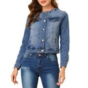 INSPIRE CHIC Women's Button Down Collarless Long Sleeve Cropped Denim Jacket XS Blue