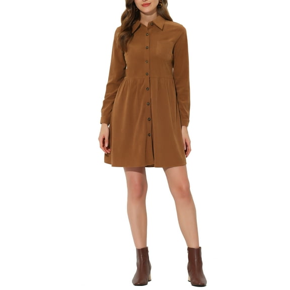 INSPIRE CHIC Women's Button Down Corduroy Shirt Dresses Brown XS