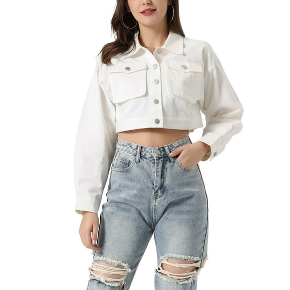 INSPIRE CHIC Women's Button Down Long Sleeve Casual Chambray Cargo Crop Jackets