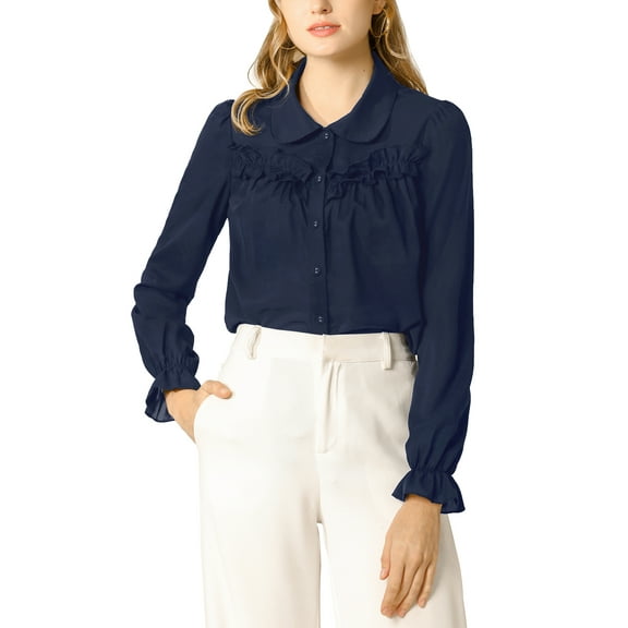 INSPIRE CHIC Women's Button Down Long Sleeve Cuff Ruffle Detail Blouse Shirt Tops XL Navy Blue