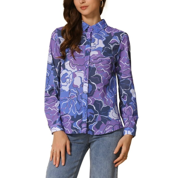 INSPIRE CHIC Valentine's Day Women's Button Down Shirt Ditsy Floral Long Sleeve Point Collar Office Top XL Purple