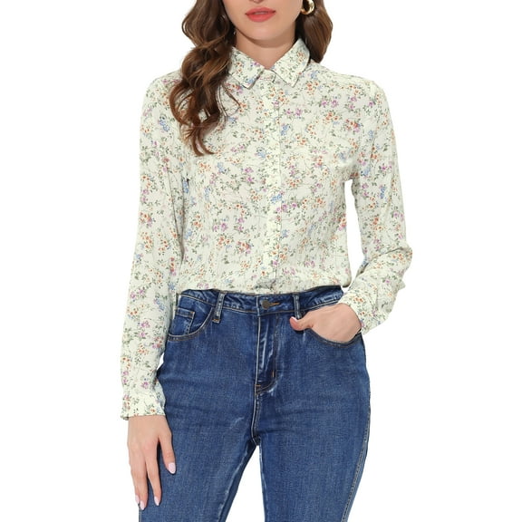 INSPIRE CHIC Valentine's Day Women's Button Down Shirt Ditsy Floral Long Sleeve Point Collar Office Top S Beige Pink