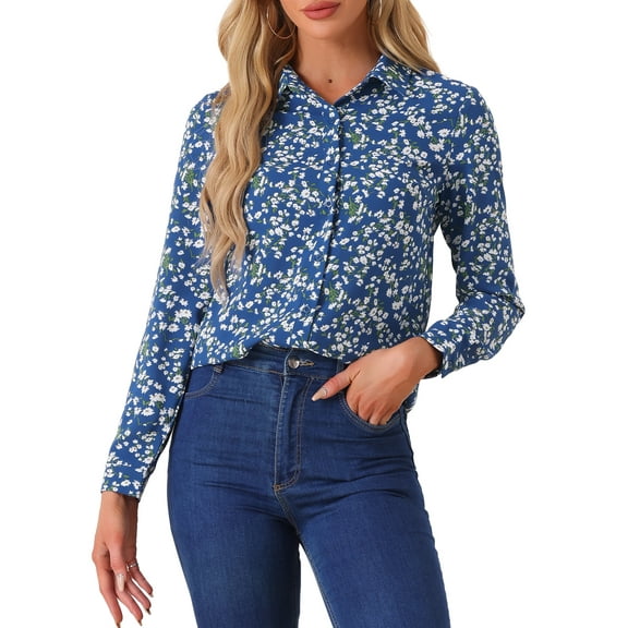 INSPIRE CHIC Valentine's Day Women's Button Down Shirt Ditsy Floral Long Sleeve Point Collar Office Top M Deep Blue
