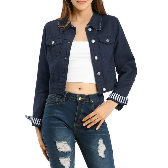 Allegra K Women's Button Down Long Sleeves Cropped Denim Jacket