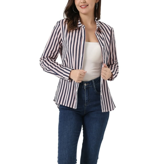 INSPIRE CHIC Women's Button Down Roll-up Long Sleeves Lapel Collar Shirts S Blue Red