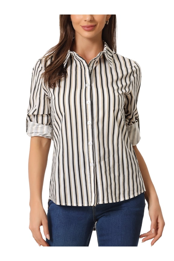 Women's Button Down Roll-up Long Sleeves Lapel Collar Shirts S Khaki Black