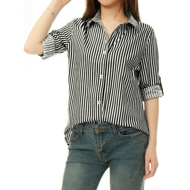 INSPIRE CHIC Women's Button Down Roll-up Long Sleeves Lapel Collar Shirts M Black