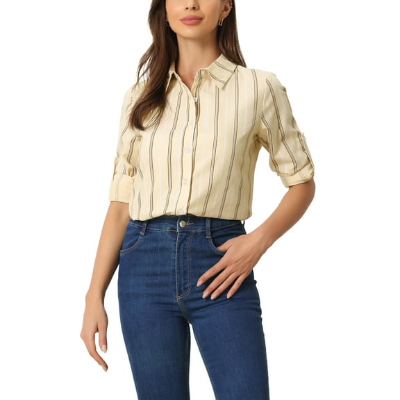 INSPIRE CHIC Women's Button Down Roll-up Long Sleeves Lapel Collar Shirts M Beige