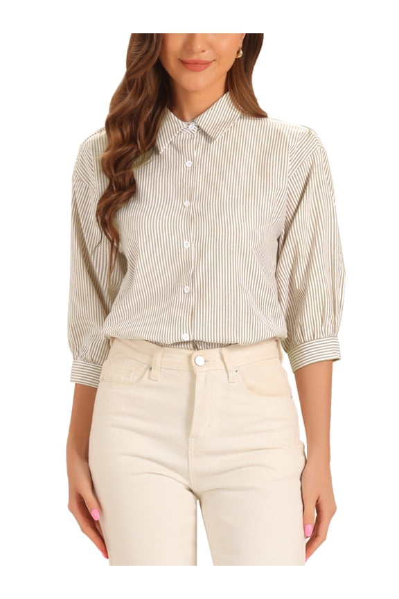 Women's Button Down Shirt 3/4 Sleeve Casual Work Striped Blouses Tops