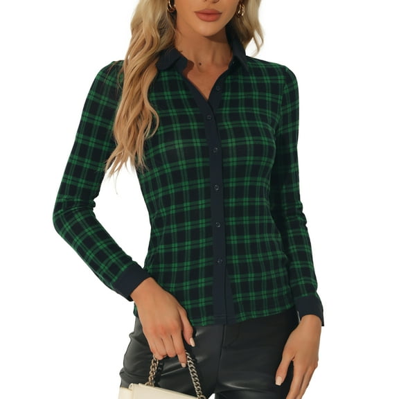 INSPIRE CHIC Women's Button Down Shirt Collared Long Sleeve Knit Classic Plaid Blouse