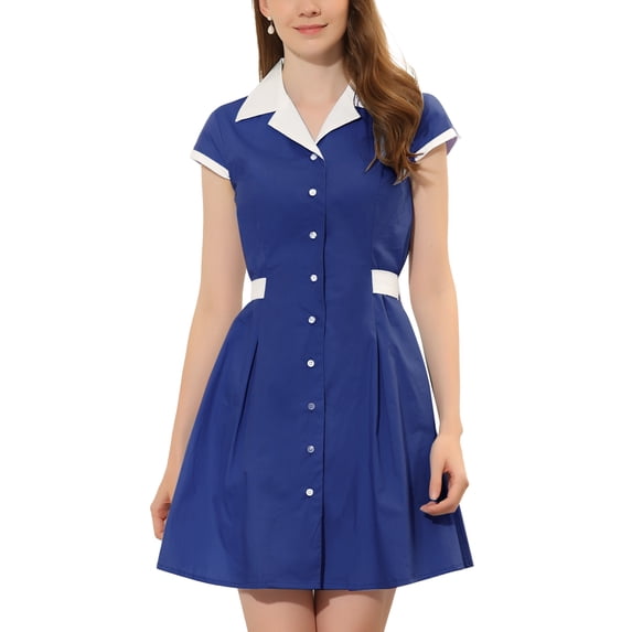 INSPIRE CHIC Women's Button Down Shirt Dress Notch Lapel Short Sleeve Belted Work Dresses S Dark Blue