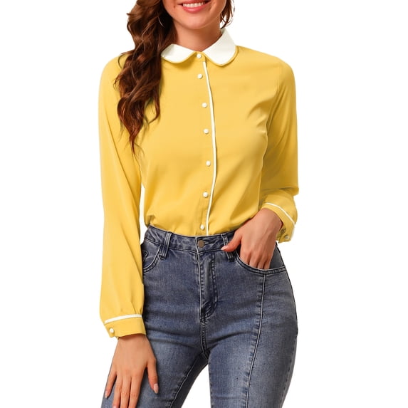 INSPIRE CHIC Women's Button Down Shirt Long Sleeve Work Peter Pan Collar Blouse Tops M Yellow