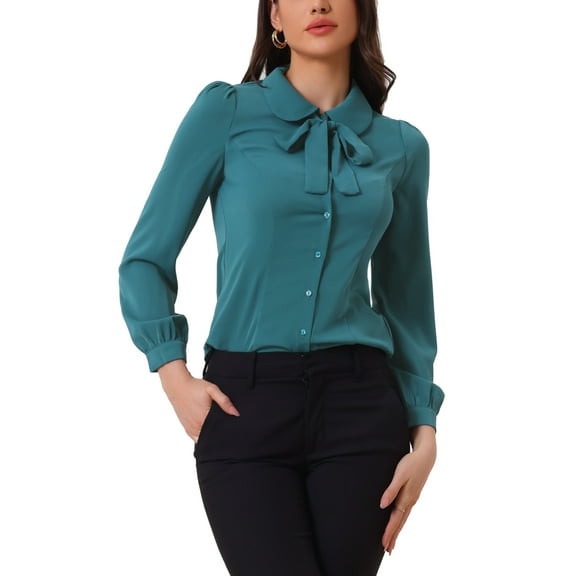 INSPIRE CHIC Women's Button Down Shirt Peter Pan Collar Tie Neck Solid Color Blouse L Peacock Blue