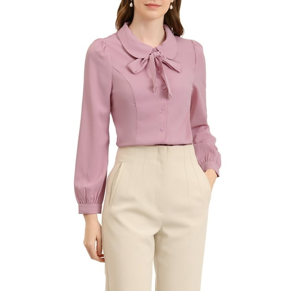 INSPIRE CHIC Women's Button Down Shirt Peter Pan Collar Tie Neck Solid Color Blouse L Pink