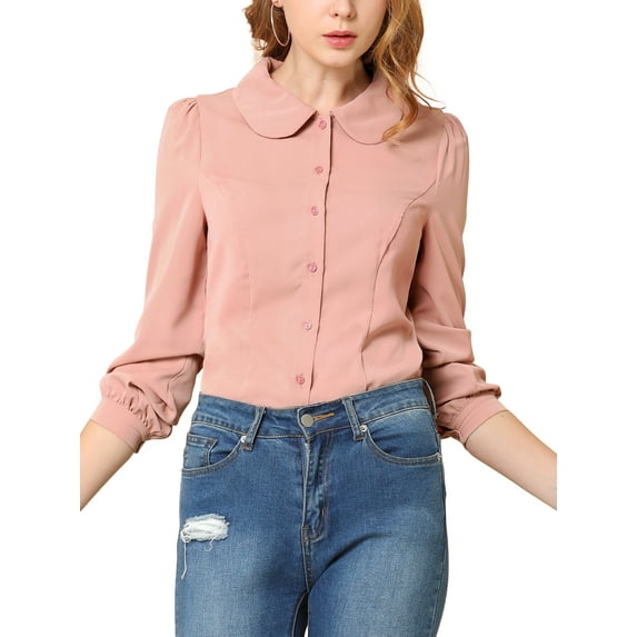 INSPIRE CHIC Women's Button Down Shirt Peter Pan Collar Tie Neck Solid Color Blouse M Coral Pink