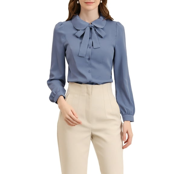 INSPIRE CHIC Women's Button Down Shirt Peter Pan Collar Tie Neck Solid Color Blouse M Dusty Blue